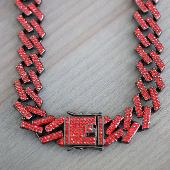 14mm 20inches Cuban Ice Curb Diamond Chain Red/Black Necklace with Rhinestones - Picture 2 of 3